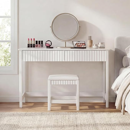 ChooChoo 47.2 Inch Modern Desk with Drawers, Makeup Vanity Desk with Padded Stool, Writing Computer Desk for Home Office & Bedroom, White