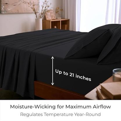 Mellanni Queen Sheet Set - 6-Piece Iconic Collection Bedding, (Including 4 Pillowcases), 21-Inch Extra Deep Pocket, Easy Care, Ultra Soft, Cooling Sheets, Brushed Microfiber - Black