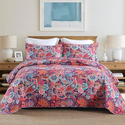 Cotton Bedspread Quilt Sets Reversible Bedding Coverlet Sets Comforter Paisley Floral Bohemian Bedspread,Bohemian Red Gorgeous Pattern,Queen Size