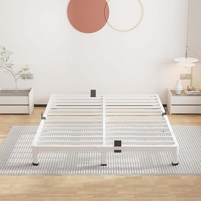 ROIL 4 Inch White Queen Bed Frame with Rounded Corner and Mattress Retainers, 3500LBS Heavy Duty Steel Slats No Box Spring Needed Platform Noise-Free Easy Assembly