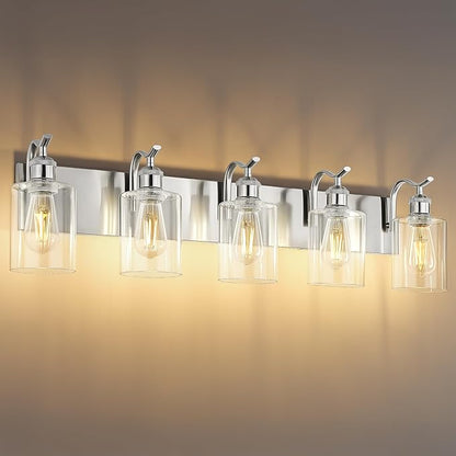 5 Light Bathroom Vanity Light, Brushed Nickel Vanity Lights for Morden Bathroom Lighting Fixtures Over Mirror Wall Light Fixtures with Clear Glass Shade ZCVL01BN-5