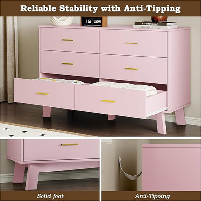 Dresser for Bedroom with 6-Drawer, 47.2" Modern Chest of Drawers with Metal Handles, X-Shape Base & Adjustable Center Leg, Anti-Tip Closet Organizers and Storage