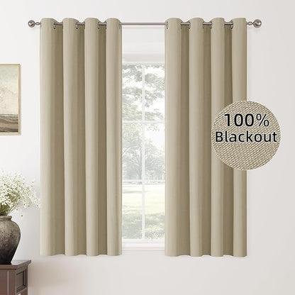 ChrisDowa 100% Blackout Tan Solid Curtains 63 Inches Long 2 Panels for Bedroom Living Room,Farmhouse Room Darkening Thermal Insulated Soundproof Grommet Top Window Treatment Drapes,52x63