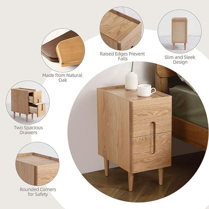 Solid Wood Bedside Table Nightstands, Slim Narrow Oak Real Wooden Mid-Century Modern End Table with Drawers Luxury Side Table Durable Cabinet Organizer Furniture, Natural Color 9.84in Wide