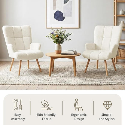 Joysoul Modern Accent Chair, High Back Arm Chair with Wood Legs Sofa Seat Teddy Fleece Fabric Reading Chair for Living Room Bedroom Waiting Room (White)
