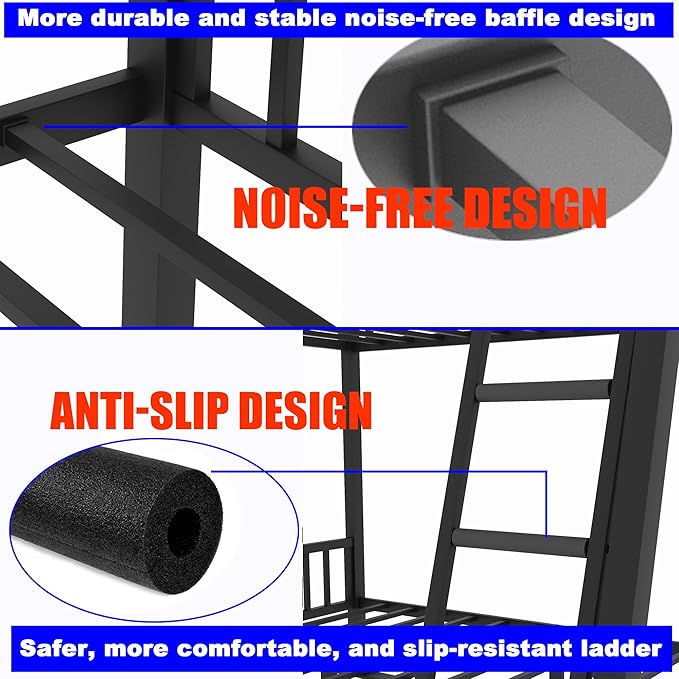 Upgraded Version Thicken Metal Heavy-Duty Queen Over Queen Bunk Bed with Storage Shelf, Best Modern Style Stronger Queen Size Bunk Bed with Ladder for Adults, Easy Assembly (Queen+Storage Shelf)