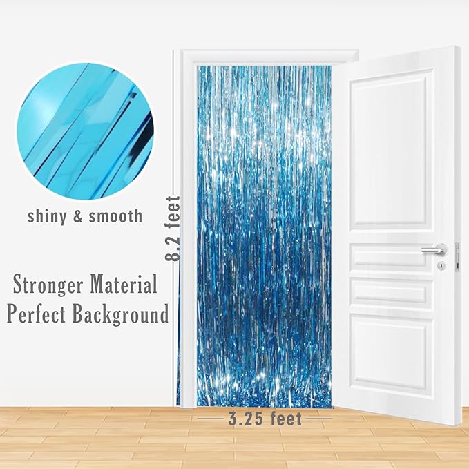 GOER 3.2 ft x 8.2 ft Metallic Tinsel Foil Fringe Curtains Party Photo Backdrop Party Streamers for Birthday,Graduation,New Year Eve Decorations Wedding Decor (Light Blue,3 pcs)