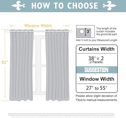 ChrisDowa 100% Blackout Curtains 63 inch Long for Bedroom with Black Liner, 2 Thick Layers Total Blackout Thermal Insulated Grommet Window Curtains 2 Panels Set (Stone Blue, 38 x 63 Inch)