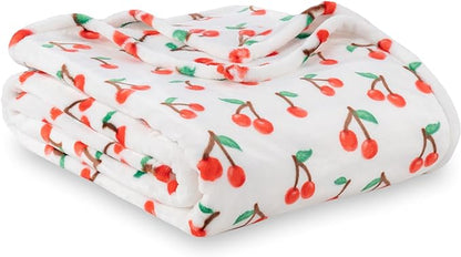 Berkshire Blanket-Classic Heavyweight Soft Printed VelvetLoft® Plush Blanket, Full/Queen Size Soft Fuzzy Warm Blanket for Couch Sofa Bed, Cherries Toss White, 90in x 90in