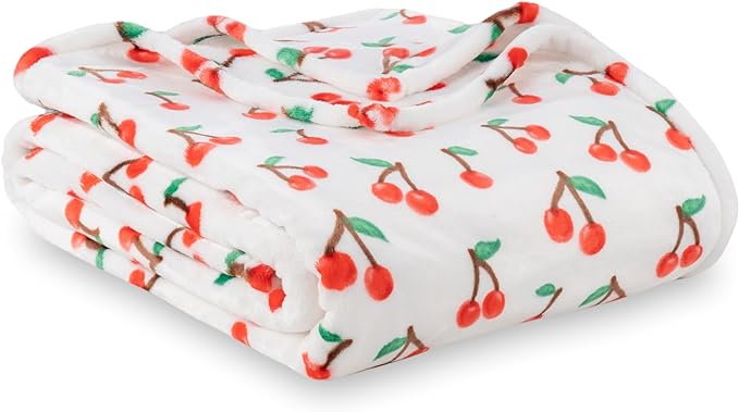 Berkshire Blanket-Classic Heavyweight Soft Printed VelvetLoft® Plush Warm Blanket, Twin Size Soft Fuzzy Blanket for Couch Sofa Bed, Cherries Toss White, 60in x 90in