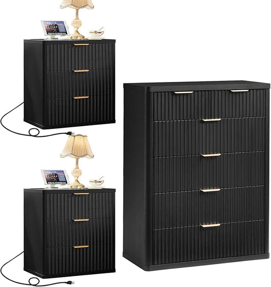 LEYAOYAO 42" Tall Fluted Dresser and 3 Drawers 23" Nightstand Set of 2, Wooden Dresser & Night Stand with Charging Station, 3 Piece Bedroom Furniture Set, Wood Chest of Drawer for Living Room,Black