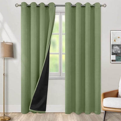 BGment Thermal Insulated 100% Blackout Curtains for Bedroom with Black Liner, Double Layer Full Room Darkening Noise Reducing Grommet Curtain (52 x 90 Inch, Grass Green, 2 Panels)