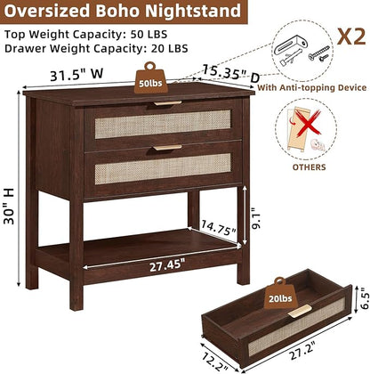 LEYAOYAO 31.5" Wide Rattan Night Stand, Oversized Large Walnut Nightstand with 2 Drawer, Boho Bed Side End Tables with Storage Shelf, Tall Bedside Table for Bedroom Living Room, Hallway