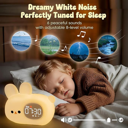 Bunny Alarm Clock with Night Light for Kids with Sleep Training and Sound Machine, Rechargeable Silicone Lamp OK to Wake Clock，Cute Animal Tabletop Lamp, Perfect Sleep Companion for Boys Girls