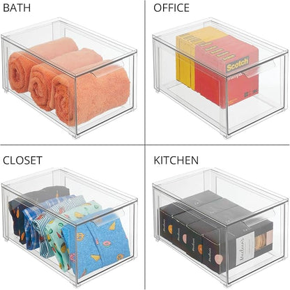 mDesign Plastic Stackable Closet Storage Organizer Bins with Pull Out Drawer for Cabinet, Desk, Shelf, Cupboard, or Dresser Organization - Lumiere Collection - 4 Pack - Clear