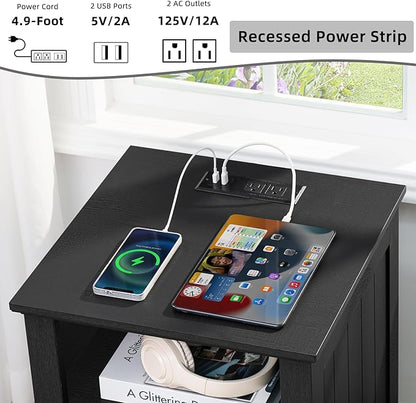 18" Night Stands Set of 2 with Charging Station, Farmhouse 2 Drawers End Table Dresser for Bedroom, Black Wooden Nightstand, Bed Side Table with Open Shelf, Bedside Cabinet for Living Room