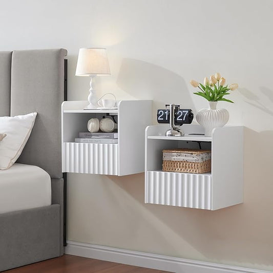 Modern Fluted Floating Nightstand Wall Mounted Set of 2- Bedside Table with Storage Drawer & Display Shelf, Minimalist Bedroom Furniture for Studio Apartments (Matte White)
