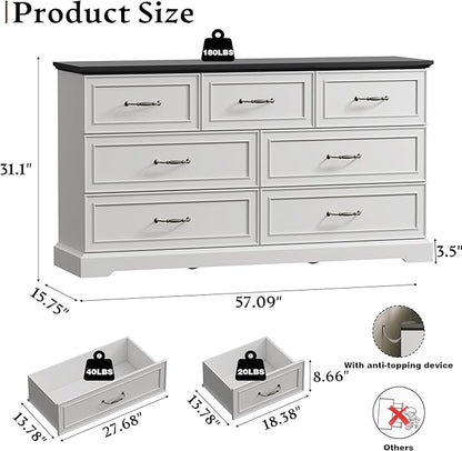 Farmhouse 7 Drawers Dresser for Bedroom, 57" Wide Modern Chest of Drawers with Deep Drawers & Bar Handles, Rustic Wood Dresser TV Stand, Wooden Closet Storage Organizer for Living Room, Hallway, White