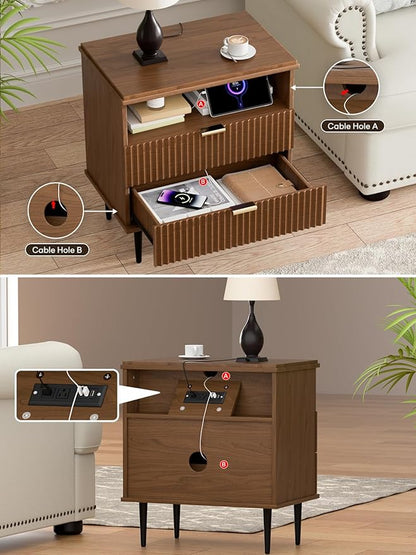 Nightstand with Charging Station, Wide Fluted Nightstand, Wood for Bedroom, Black Dresser with Storage Drawers, Bedside Table with Metal Handle & Leg (Walnut Set of 2, 23.3)