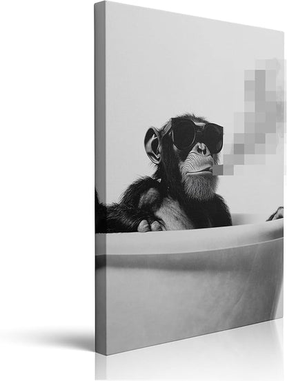 Pveror Black White Chimpanzee Wall Art Cool Monkey Canvas Artwork Modern Animal Portrait Print Trendy Home Decor for Office Bedroom Studio Man Cave Gift Single Panel 16x24 Inches