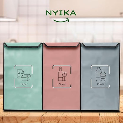 NYIKA - Recycling Organizer - Reusable Recycling Bags - Recycling Sorter - Trash Sorting Bins - 3 Compartment Recycle - Pack of 3 Bags with Lid (Mediterranean)