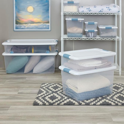 Sterilite 12-Pack Latching Box, Under Bed Storage Bins with Lids, Clear Plastic, 56 Quart - Heavy-Duty Organizing Containers for Closet, Bathroom, and Office