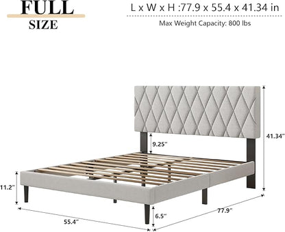 Full Size Bed Frame with Diamond Tufted Headboard, Linen Upholstered Platform Bed and Wooden Slat Support, Noise-Free, No Box Spring Needed, Easy Assembly, Light Grey