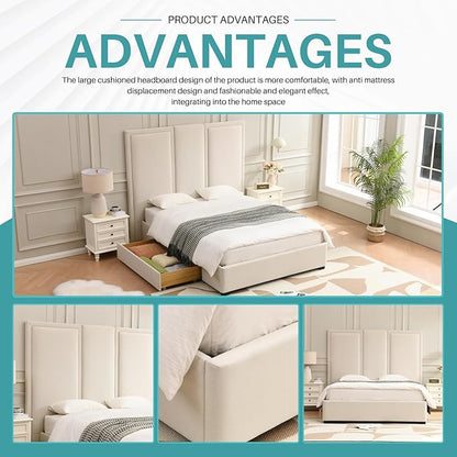 YUHUASHI Queen Size Bed Frame with 64-inch High Headboard, Simple and Airy Linen Upholstered Platform Bed with Storage Drawers, Wood Slat, No Noise (Beige, Queen)