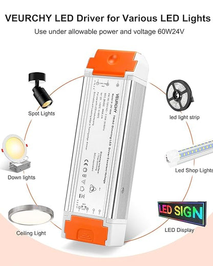 24V Dimmable LED Driver, 60 Watt Dimmable LED Power Supply AC 120V to DC 24V Compatible with Lutron & Leviton Dimmer Switches, 24 Volt Led Transformer 60W for Strip Lights Smooth Dimming