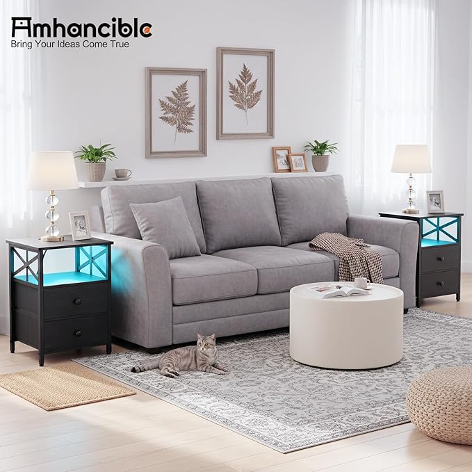 AMHANCIBLE Nightstand with Fast Charging Station, End Table Living Room with USB Charger, Power Outlet, Bed Side Table with Fabric Drawers for Bedroom HET052LBK1