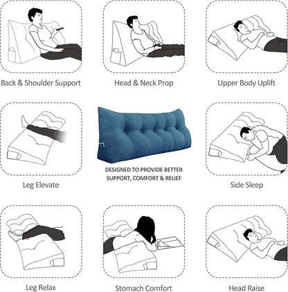 homecozy Wedge Headboard Pillow Dorm Room Reading Pillow Back Support for Sitting Up in Bed Bolster Lumbar Cushion Body Positioning Bedrest Cotton Linen 39in Blue Twin
