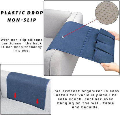 NB Sofa Armrest Organize remote holder bedside caddy organizer with 5 pockets，non-slip couch remote control holder couch armchair caddy accessories (Blue, 35''x18'')