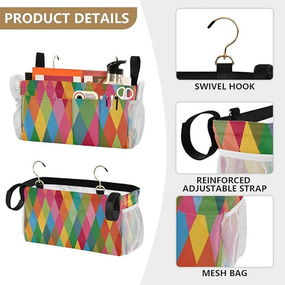 Bedside Caddy Hanging Bunk Bed Caddy Bed Organizer Hanging Pocket with 2 Hooks Bedside Storage Organizer Pocket Bag Holder Pink Green Argyle