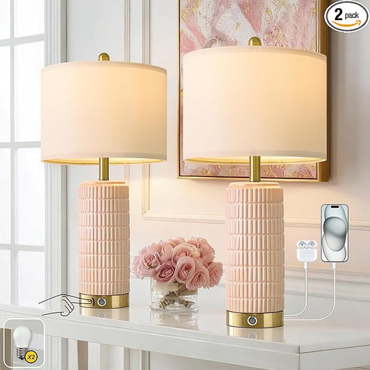 PoKat 25'' Table Lamps Set of 2 for Bedroom with 3-Way Dimmable Touch Control, Bedside Lamps with USB A+C Ports for Living Room, Modern Ceramic Pink Lamps for Kids Girls Decor (2 Bulbs Included)
