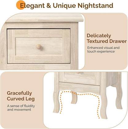 Bonnlo Solid Wood Nightstand Unfinished for Color DIY, Small Night Stand for Bedroom, Natural Wood Nightstand with Drawers, Light Wood Nightstand, Real Wooden Bed Side Table/End Table