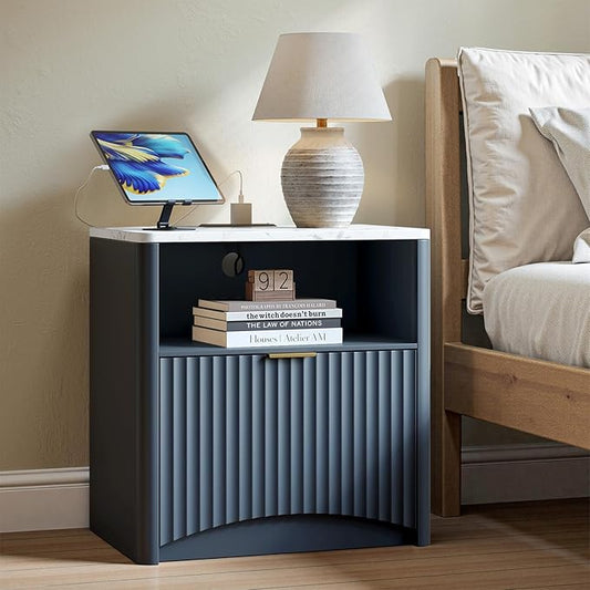 Evermagin Fluted Nightstand with Charging Station, Navy Blue Bedside Table with Drawer and Storage, Wood End Table Mid Century Modern, Large Night Stand for Bedroom