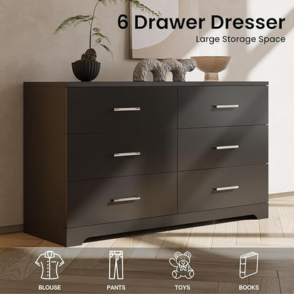Karl home 6 Drawer Dresser, Wood Black Vanity Drawer Cabinet, Bedroom Storage Cabinet TV Stand, Large Dresser Storage Chest with Deep Drawers, Bedroom Furniture, 47.2×27.6×15.7 inches