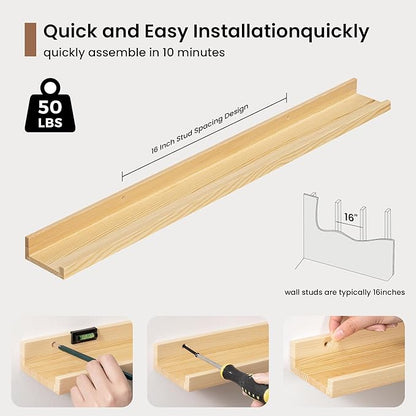 Picture Ledge Shelf, Floating Shelves Set of 2, 32 Inches Solid Wood Nursery Book Shelves for Toys Storage, Kids Bookshelf Wall Mounted for Living Room Decor Books Photo Frames, Unfinished Natural