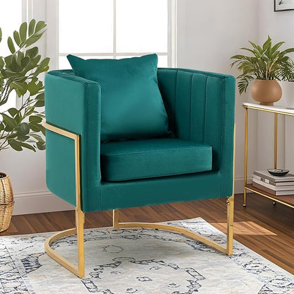 Velvet Modern Accent Chairs Set of 2, Upholstered Barrel Armchair Mid Century with Pillow for Living Room, Comfy Single Vanity Chair with Metal Gold Legs for Bedroom, Green