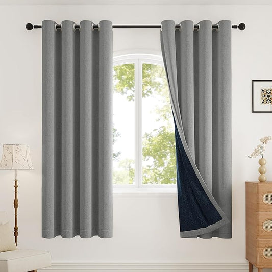100% Blackout Curtains for Bedroom, Thermal Insulated Curtains 63 Inch Length Curtain 2 Panels, Soft Farmhouse Linen-Look Textured Full Light Blocking Room Darkening Drapes, W52xL63, Grey