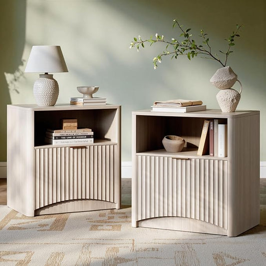 Evermagin Fluted Nightstand Set of 2, Bedside Table with Drawer and Storage, Wood End Table Mid Century Modern, Large Night Stand for Bedroom, White Alder