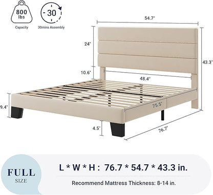 Allewie Full Size Platform Bed Frame with Velvet Upholstered Headboard and Wooden Slats Support, Fully Upholstered Mattress Foundation/No Box Spring Needed/Easy Assembly, Cream