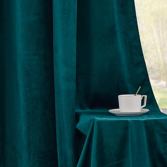 RYB HOME Velvet Curtains 102 inches Long, Back Tab Room Darkening Noise Reducing Window Treatment for Living Room Bedroom Privacy Protect for Stuido, Peacock Blue, W52 x L102 inch, 2 Panels