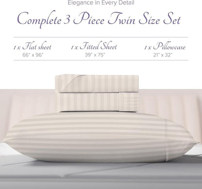Carressa Linen Luxury Egyptian Cotton Twin Stripe Sheet Set - 600 Thread Count Extra Long Staple 3 PC Set, Twin Damask Sheets, Soft, Cooling Sateen Weave Striped Sheets Upto 18" Deep Pocket - Ivory
