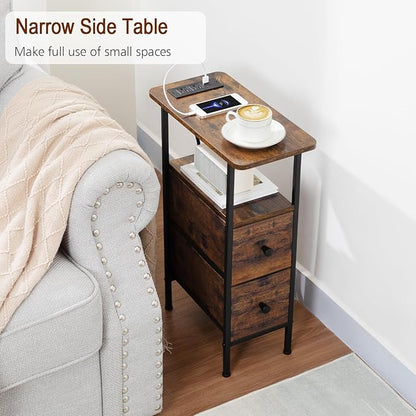 LOAKEKEL Narrow End Table Living Room with Charging Station, Skinny Side Table with Fabric Drawers, Slim Nightstand for Bedroom, Small Spaces, Couch, Rustic Brown, HETNDP02PBR-1