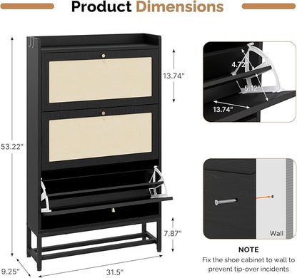 Slim Entryway Shoe Storage Cabinet with 3 Flip Drawers, Modern Freestanding Shoes Organizer Holds 16-20 Pairs, Closed Shoe Storage for Hallway, Foyer - Space-Saving Wood Shoe Cabinet