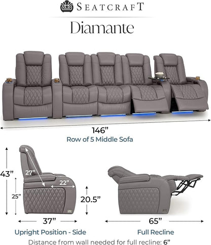 Seatcraft Diamante Zero-Gravity CoolZero Italian Leather Home Theater Seating, Power Headrest, Power Recline, Row of 5 Middle Sofa, Gray