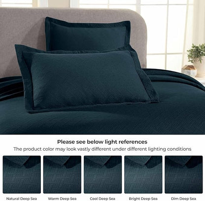 Superior 100% Cotton Basket Weave Bedspread with Shams, All-Season Premium Cotton Matelasse Jacquard Bedding, Quilted-Look Geometric Basket, King, Deep Sea