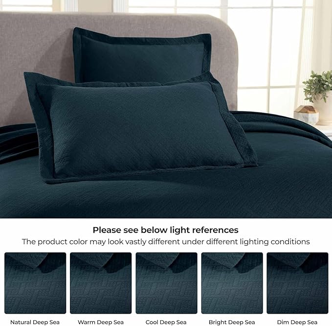 Superior 100% Cotton Basket Weave Bedspread with Shams, All-Season Premium Cotton Matelasse Jacquard Bedding, Quilted-Look Geometric Basket, Full, Deep Sea