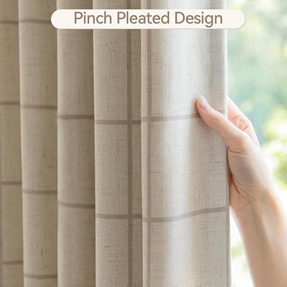 Linen Plaid Blackout Curtains for Living Room,Bedroom,Dining Room 95 Inches Long Gingham Double Layer 2 Panels Set Luxury and Modern Printed Design Darkening Pinch Pleated